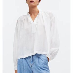MADEWELL Top Women Small White Shirred Blouse Long Sleeve NQ888